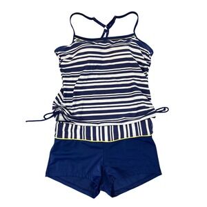 South Point Striped Tankini Swimsuit Set Blue White Size 10